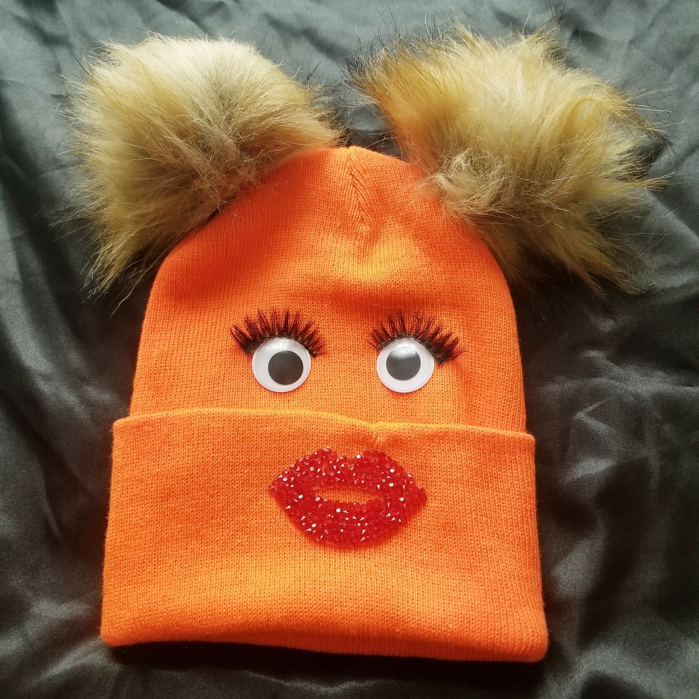 Orange Beanie with Faux Fur Pom Poms